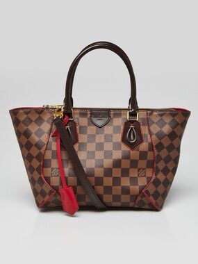 LOUIS VUITTON Cassia MM Damier Ebene Lipstick Red Trim Leather Handle Kaisa Tote